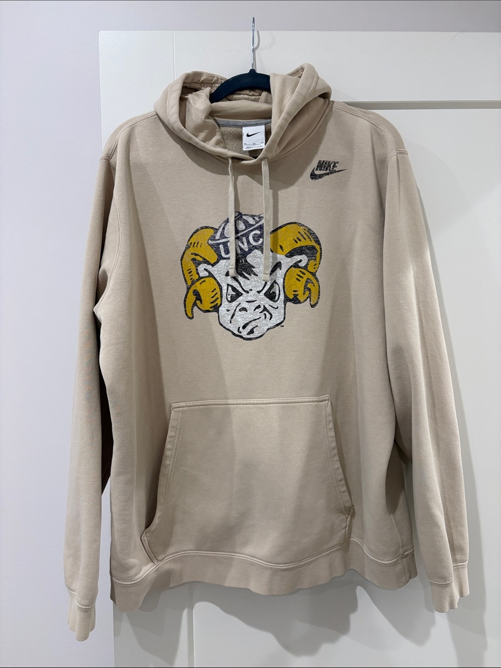 Nike UNC Tarheel Tan Hoodie with Yellow and Black Ram Graphic